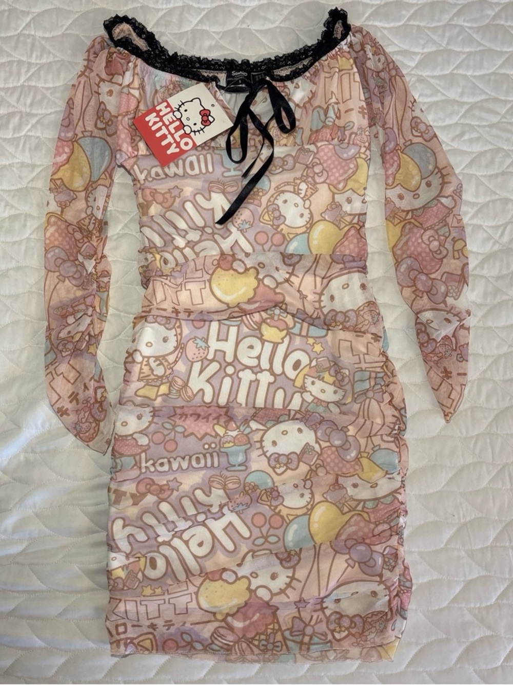 Women's Ruched Mesh Hello Kitty Bodycon Mini Dress US Size 4 - New Girl Order